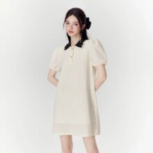 对白 夏装甜美少女风气质polo领泡泡袖纯色连衣裙169元（有首单礼金，超V会员价格更低）