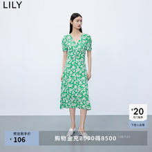 LILY 秋女装含真丝复古印花泡泡袖垂感连衣裙 309翠绿 M82元