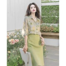 WBWQ 夏日盐系轻熟气质套装女时尚碎花半袖衬衫性感包臀半身裙99元(超V价更低)