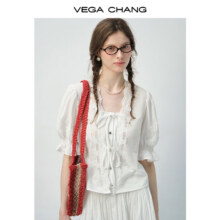 VEGA CHANG白色衬衫女2025新款夏蕾丝方领系带泡泡袖甜美短款小衫 晨雾白274.43元（入会购买价）
