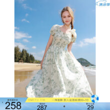 三彩2025夏季新款纯棉连衣裙印花U领收腰A字裙泡泡袖中长裙M258元