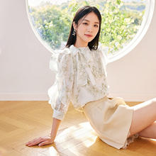 秋水伊人 设计感飘带领衬衫夏季女装复古显白小个子上衣 花料 M