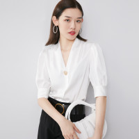 【断码福利】晚白夏季法式V领极简优雅淑女通勤职业高级感短袖衬衫女89元(需vip会员）