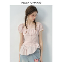 VEGA CHANG 衬衫女2025新款夏季法式方领泡泡袖收腰荷叶边甜美小衫199元