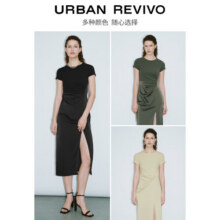 UR秋季新款女装时髦气质拼接褶皱收腰连衣裙UWG740159 米白 S69元