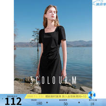 3COLOUR 2025春季法式方领小蛮腰连衣裙修身开叉中长裙收腰M 经典黑 S 155/80A112元