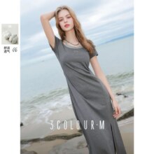 三彩 2025夏季新款 假两件连衣裙开叉直筒裙休闲简约长裙M94元（有首单礼金，超V会员价格更低）