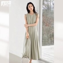 对白 纯色简约裙摆压褶肩部飘带设计女式无袖连衣裙99元（有首单礼金，超V会员价格更低）