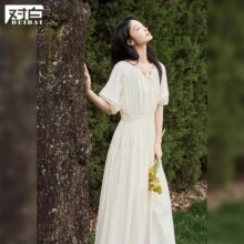20点：对白 夏装舒适柔软领部细褶飘带女式中长短袖连衣裙