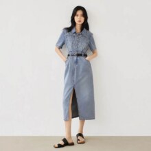 对白 夏装丹宁风美式复古水洗前开叉显瘦女式牛仔中长连衣裙