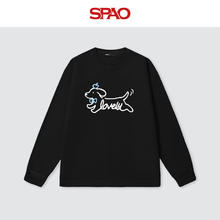 SPAO 圆领长袖T恤男女同款 黑#线条狗字母