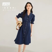 对白 2025夏装法式泡泡袖女式牛仔连衣裙复古设计感小个子减龄裙子129元（有首单礼金，超V会员价格更低）
