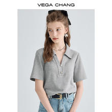 VEGA CHANG 短袖t恤女2025年夏季小个子设计感刺绣宽松休闲百搭气质上衣 暗影灰 S