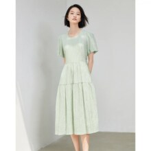 初语 竖条肌理圆领泡泡袖连衣裙 S-L75元