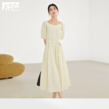 对白 夏装法式清甜腰间系带拼接捏褶领女式短袖长款连衣裙119元（有首单礼金，超V会员价格更低）