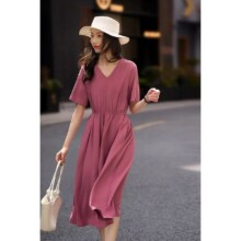 笑涵阁 超值优选 浪漫明媚色彩垂顺高腰V领连衣裙25夏附腰带99元（有首单礼金，超V会员价格更低）