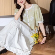 2025夏季女韩系宽松常规微弹小香风精致提花假门襟圆领短袖69元