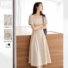 夏装优雅方领泡泡袖双褶要封设计侧插袋女式短袖连衣裙