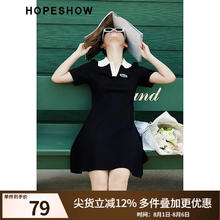 红袖 奥莱小黑裙夏季女装字母贴标撞色polo翻领连衣裙 黑050 S79.04元