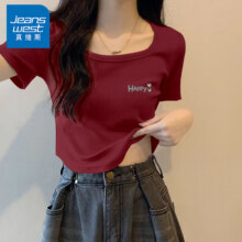 真维斯（JEANSWEST）t恤女士夏季2025新款方领短款紧身短袖女装休闲时尚甜妹半袖上衣 酒红 快乐生活_K M 【螺纹下摆】