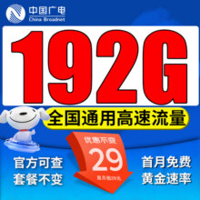中国广电流量卡手机卡电话卡5g不限速超低月租非永久无限流量纯上网卡全国通用无合约 【超值卡】29元192G通用流量自己激活 无需续约26.9元