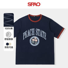 SPAO 撞色纯棉圆领短袖T恤男女同款 藏青/蓝粉金樱子29.5元（需买2件，需用券）