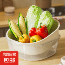 新款双层洗菜沥水篮客厅塑料果蔬加厚滤水菜篓洗菜盆子家用厨房 【大+中】2套装
