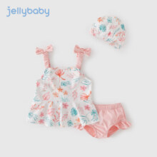 JELLYBABY女童泳衣女宝宝泳装小儿童小女孩游泳衣两件套泡温泉女童分体泳衣 白底花 (送泳帽) 90 cm