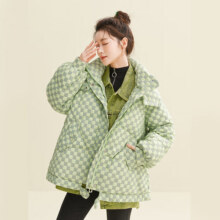 康博秋冬新款时尚前沿棋盘格加厚羽绒服女外套鸭绒 绿色 S (85-110斤）