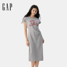 Gap女装2025夏季新款纯棉印花logo收腰抽褶开叉短袖连衣裙764855 浅灰 L (170/88A) 亚洲尺码121.75元