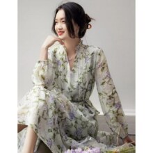 笑涵阁  超值优选 天丝茶歇法式夏新款长袖系带连衣裙 附腰带96元（超V会员价格更低）