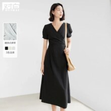 对白 夏装简约肌理感缠绕式绑带设计V领女式短袖长款连衣裙