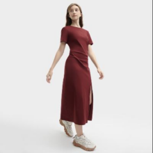 FILA 女装休闲简约T恤裙女士圆领修身日常百搭短袖长裙针织连衣裙