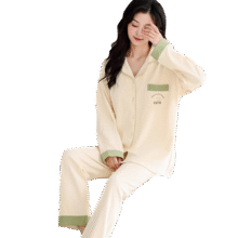 猫人睡衣女士秋季纯棉防螨抑菌【带胸垫】小清新翻领开衫家居服杏色L74.5元