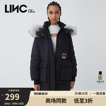 金羽杰 LINC Chic 冬季新潮羽绒派克服 女 中长款大毛领连帽拼接羽绒服女士Y21806161 新黑格尔 L 适合140斤以下225元