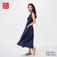 优衣库 女装棉质印花打褶连衣裙无袖裙子度假碎花480629 69 藏青色 M /160/84A124.5元（需领券）