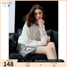 3COLOUR 三彩 2025春季慵懶風(fēng)寬松鏤空圓領(lǐng)落肩袖毛衣針織衫套頭 米白色 L