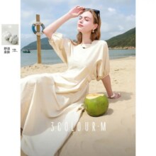 三彩 2025夏季新款 设计感连衣裙蝙蝠袖圆领收腰A字长裙M137元（超V会员价，有首单礼金价格更低）