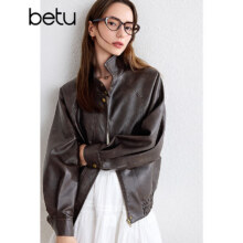 betu 百图 女装 复古回潮洗水皮衣宽松夹克外套女 2409T58 咖啡色161.5元包邮