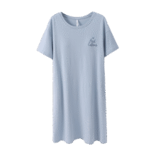 安之伴睡裙女夏【自带胸垫可外穿】短袖圆领中裙简约舒适家居服女士裙子 牛仔兰-自带胸垫 S79元 (券后省20)
