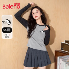 PLUS会员: 班尼路（Baleno）休闲撞色长袖t恤女2025年春秋季新款小猫印花简约舒适通勤风上衣22.95元