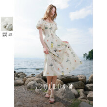 三彩 100棉 2025夏季款法式方领连衣裙高腰A字大摆M142元（超V会员价，有首单礼金价格更低）