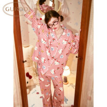 果壳（Gukoo）睡衣女春秋款hellokitty格子满印女士家居服套装可外穿 浅酒红M259元
