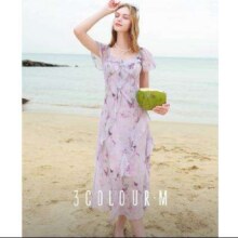 三彩 2025夏季新款 印花雪纺连衣裙98元包邮