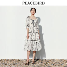 PEACEBIRD 太平鸟 夏季法式撞色系带连衣裙长袖印花裙女 黑色纹样 S