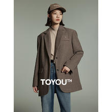 TOYOUTH 初语 咖啡色加厚呢子大衣女款通勤风垫肩毛呢西装外套 浅咖色 M83元