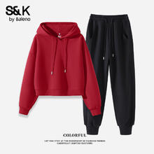 Baleno 班尼路 S&K系列 连帽卫衣收脚裤套装 车厘子红#纯色+黑#纯色