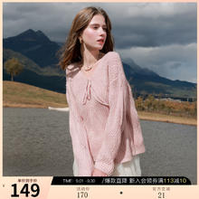 3COLOUR 三彩 2025春季系带V领针织衫落肩袖慵懒宽松毛衣外套M 肉桂粉 M 160/84A149元