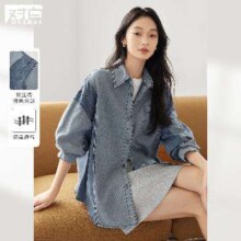1日10点、超V会员：DUIBAI 对白 撞色拼接衬衣 女式牛仔衬衫