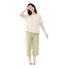 红豆 居家纯棉睡衣女夏季抑菌短袖舒肤家居服淡奶绿39.9元（需领券）